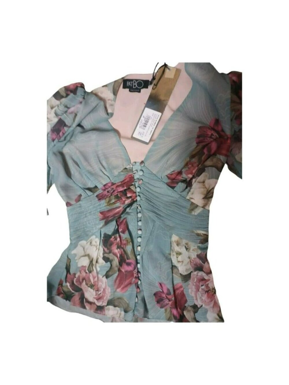 PatBO $495 Silk Peony Print Puff Sleeve Blouse Sz 34/2 NWT - Picture 2 of 5